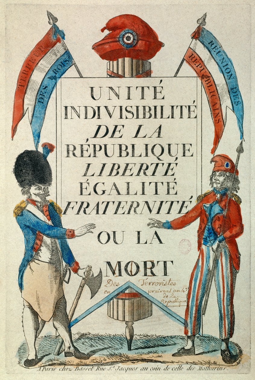 Ranskan vallankumous: "" Unite, indivisibilite de la Republique "" Liberte, Egalite, Fraternite ou la mort"" Propagandamanifesti ilman pikkuhousuja ja kukkaroita. Printit vuodelta 1794 Pariisi, Musee Carnavalet tekijältä Unknown artist