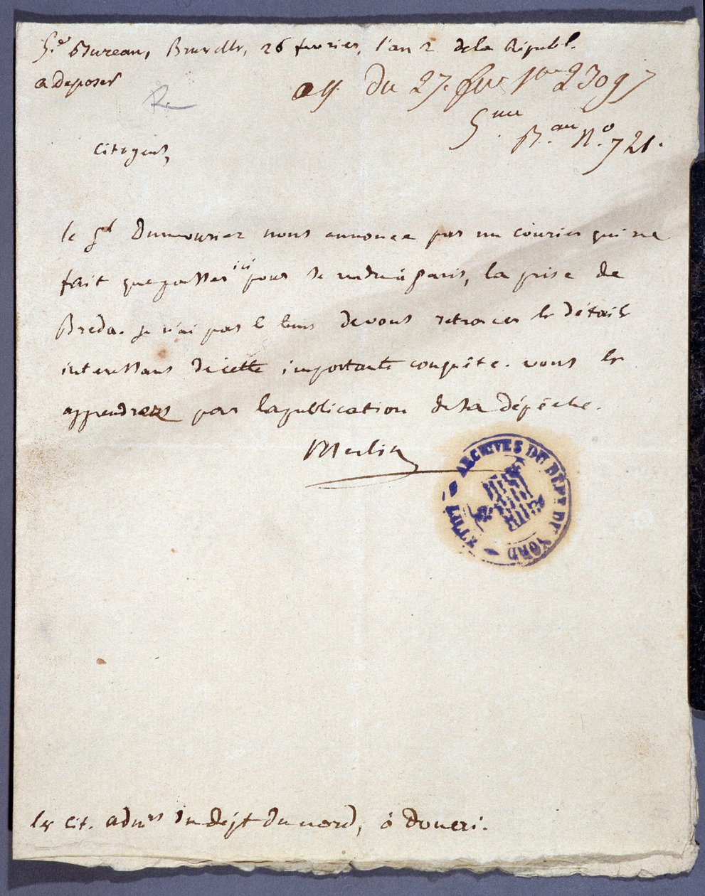 Ranskan vallankumous: 26.2.1793 päivätty käsinkirjoitettu kirje Merlin-nimeltä kenraali Dumouriezin Bredan kaupungin vangitsemisesta Hollannissa 24. helmikuuta. Nord Lillen osastoarkisto tekijältä Unknown artist