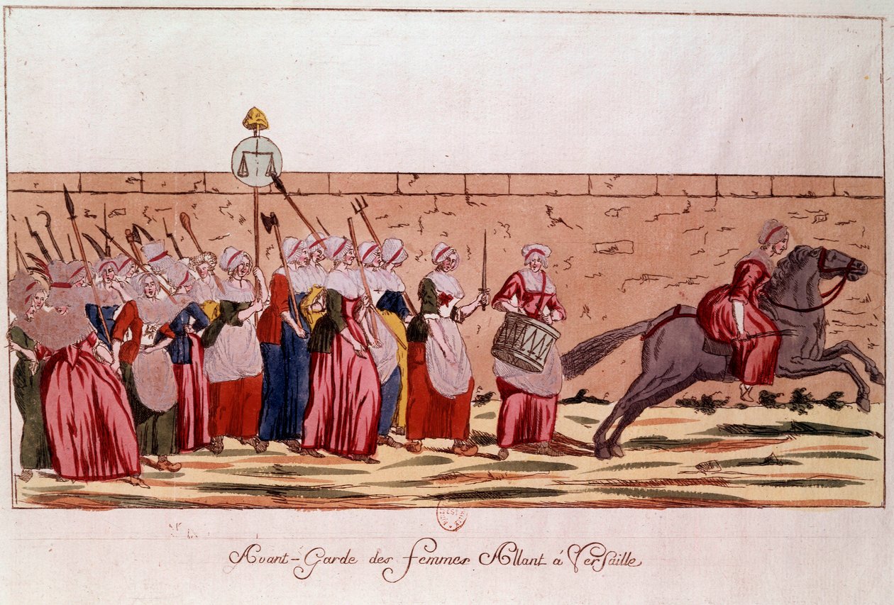 Ranskan vallankumous 1789: avant-garde des femmes matkalla Versaillesiin 5. lokakuuta 1789. Kaiverrus 1700-luvulta. Paris, B.N. tekijältä Unknown artist