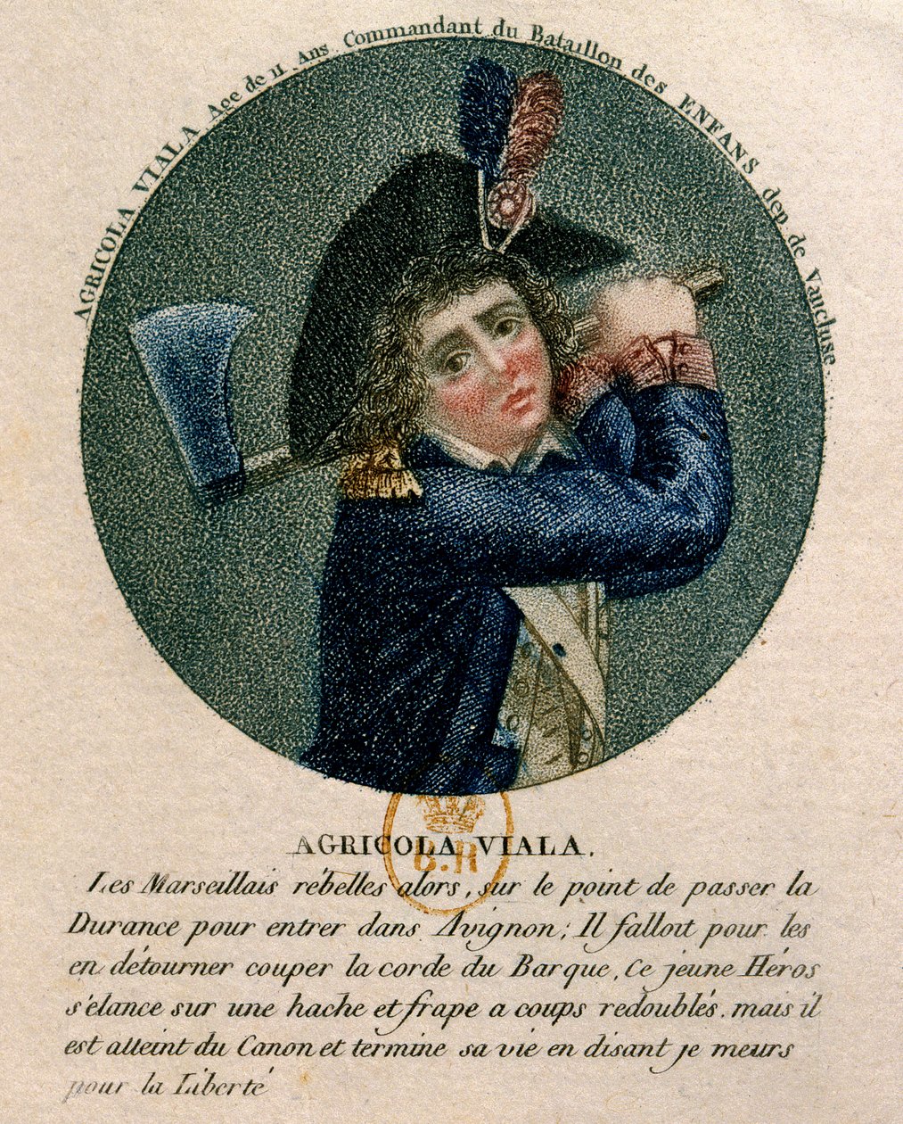Ranskan vallankumous: muotokuva nuoresta Joseph Agricol Vialasta (1780-1793), joka osallistui Marseillen kapinaan vuonna 1793. Hän on edustaja, jolla on kirves. 1700-luvun Pariisi, B.N tekijältä Unknown artist