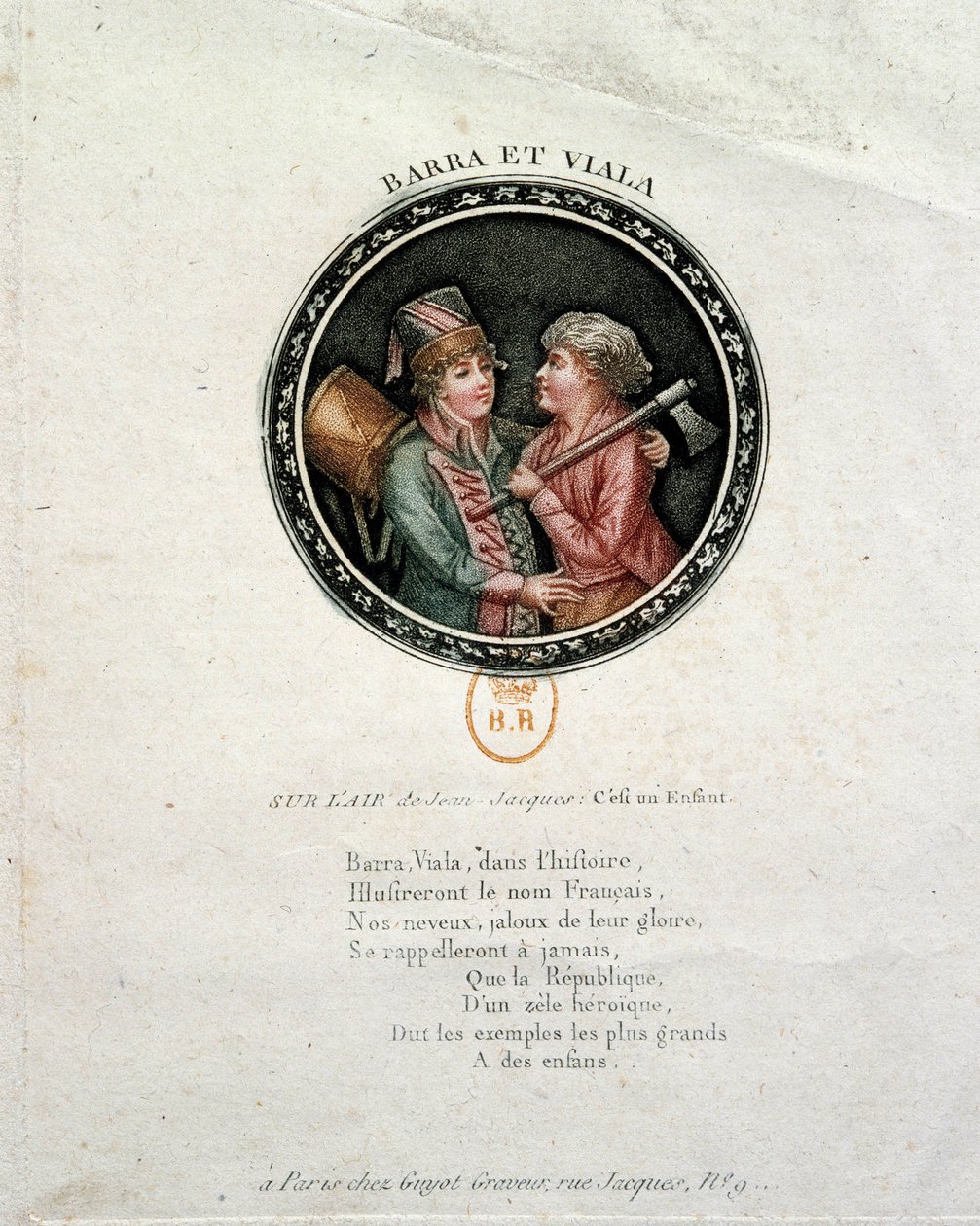 Ranskan vallankumous: Barran ja Vialan edustus. Joseph Agricol Viala (1780-1793) ja Joseph Bara (1780-1793), Ranskan vallankumouksen sankarilapset, jotka taistelivat Marseillessa ja Vendeessä tasavallan puolesta. Kaiverrus 1700-luvulta tekijältä Unknown artist