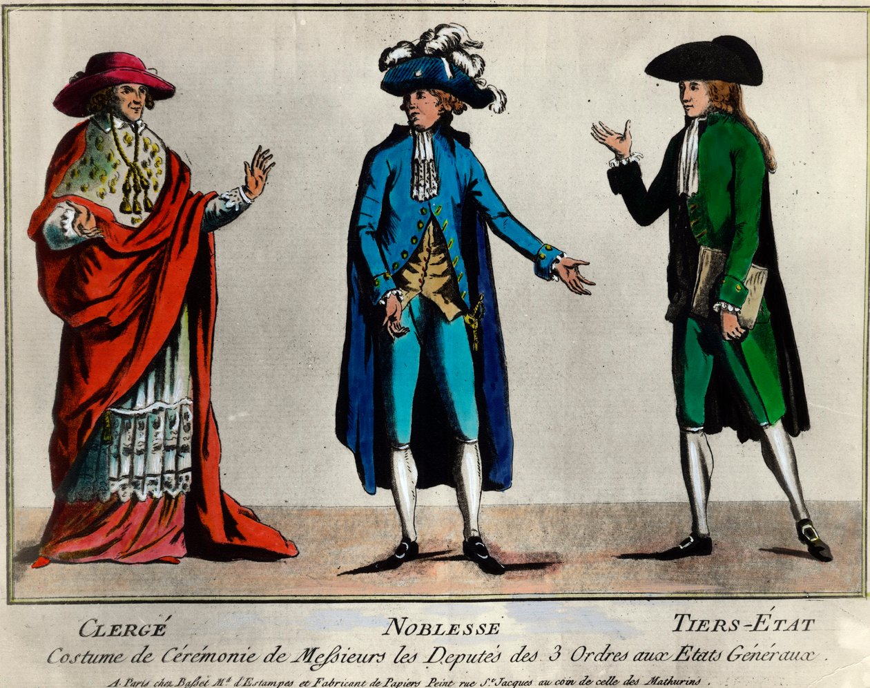 Ranskan vallankumous: kolmen veljeskunnan edustajat kenraalivaltioissa seremoniapuvussa: papisto, aatelisto ja kolmas valtio (kolmannet valtiot). Printti 1700-luvun lopun yksityiskokoelmasta tekijältä Unknown artist