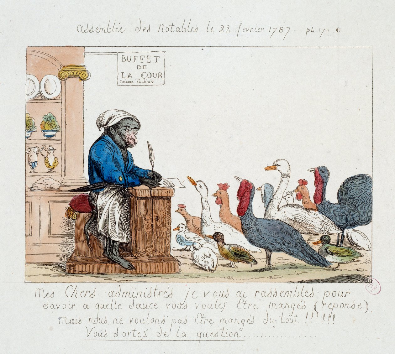 Ranskan vallankumous: "" Assembllee des notables du 22. helmikuuta 1787"" Karikatyyri, joka esittää kuningas Ludvig XVI:n apinakokissa, joka johtaa kalkkunoista, kanoista, hanhia ja kalkkunoista koostuvaa kokoonpanoa. Piirustus 1700-luvulta. Paris Musée Ca tekijältä Unknown artist