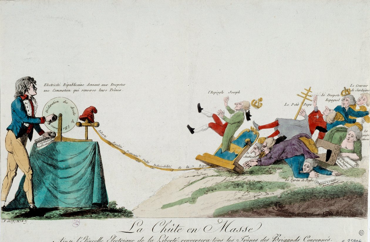 Ranskan vallankumous: despotismin loppu. Mies lähettää sähköpurkauksia (ihmisoikeuskampi) eurooppalaisille hallitsijoille, jotka putoavat valtaistuimeltaan. Kaiverrus noin 1789. Paris, Musee Carnavalet tekijältä Unknown artist