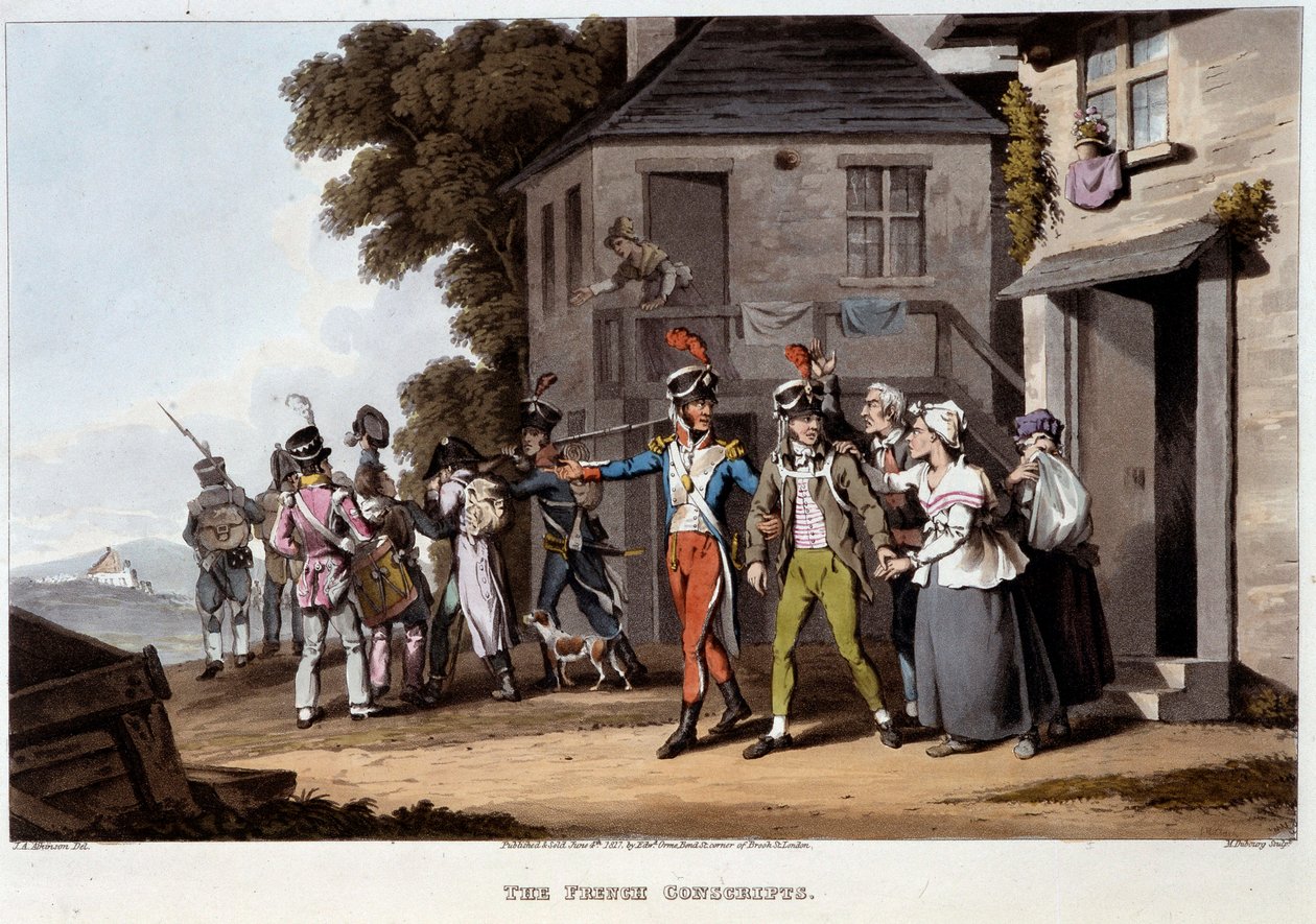 Ranskalaiset varusmiehet, noin 1814 - "" Historiallisissa, sotilaallisissa ja merivoimissa tapahtuvissa anekdooteissa ja tapahtumissa, jotka saapuivat Ison-Britannian ja heidän liittolaistensa käsivarsiin, päättyen Waterlooon", kirjoittaja Edward Orne tekijältä Unknown artist