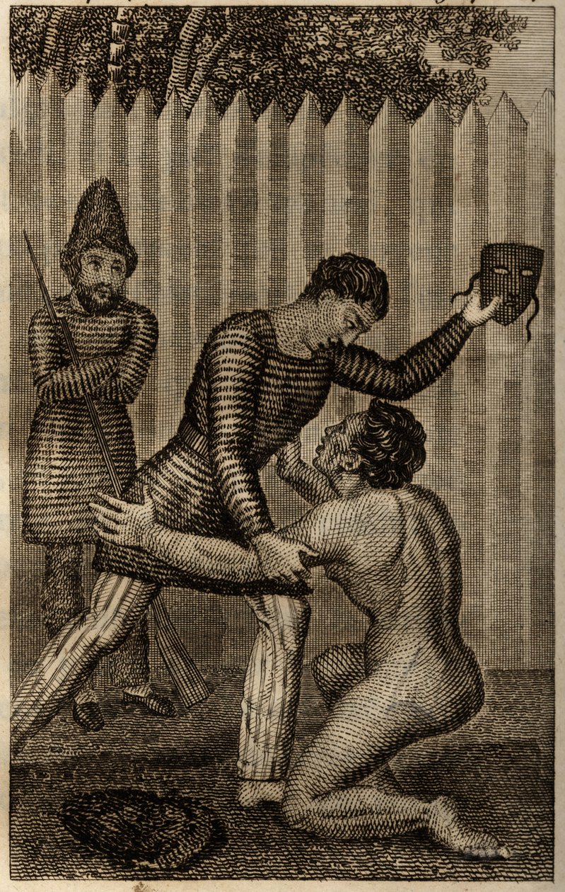 Perjantai heitetään Robinson Crusoen syliin, kaiverrus Daniel Defoen "Les aventures de Robinson Crusoe" -kirjaan. tekijältä Unknown artist
