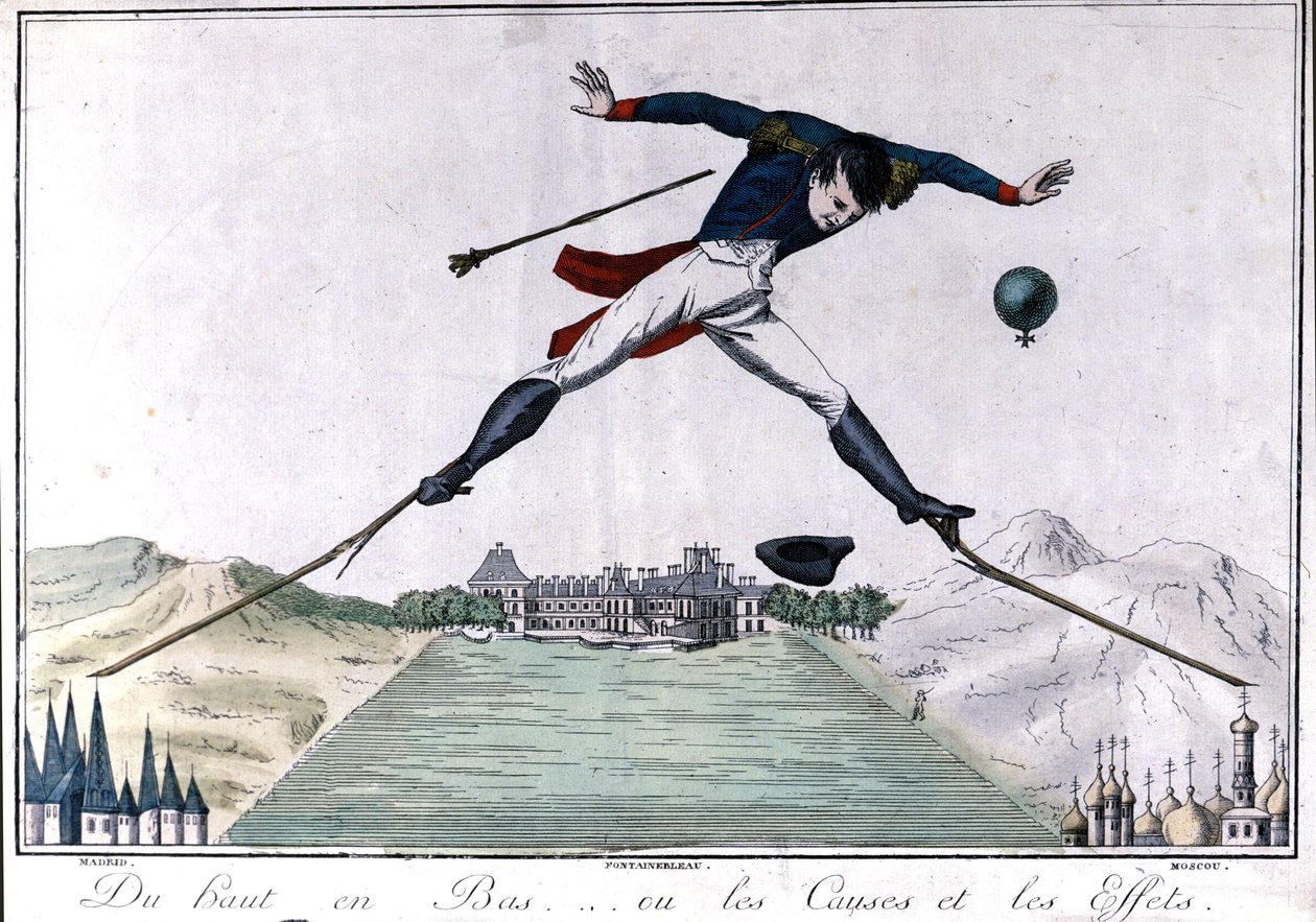 Ylhäältä alas... tai syitä ja seurauksia. Sarjakuva Napoleon I:n kruunusta Fontainebleaulle Espanjan sodan ja Venäjän vetäytymisen jälkeen. 1814. . Milano tekijältä Unknown artist
