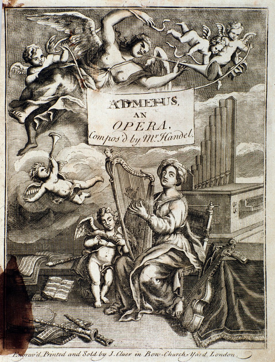 Georg Friedrich Händelin (tai Händelin) (1685-1759) säveltämän oopperan Admetus etusivu"" Kaiverrus. 1700-luvulla. Bologna, civico museo musico tekijältä Unknown artist