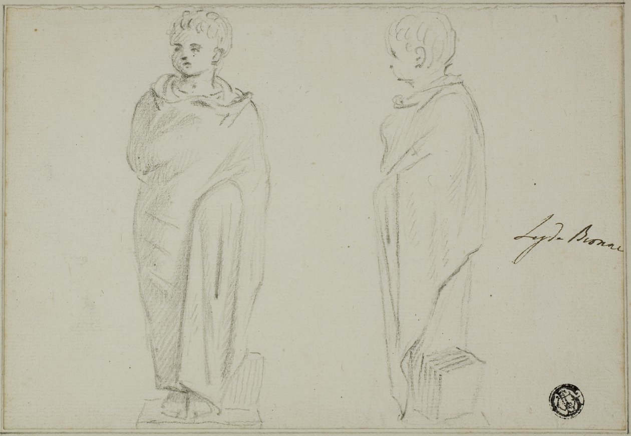 Edestä ja sivulta Togaan pukeutuneen pojan patsas tekijältä Unknown artist