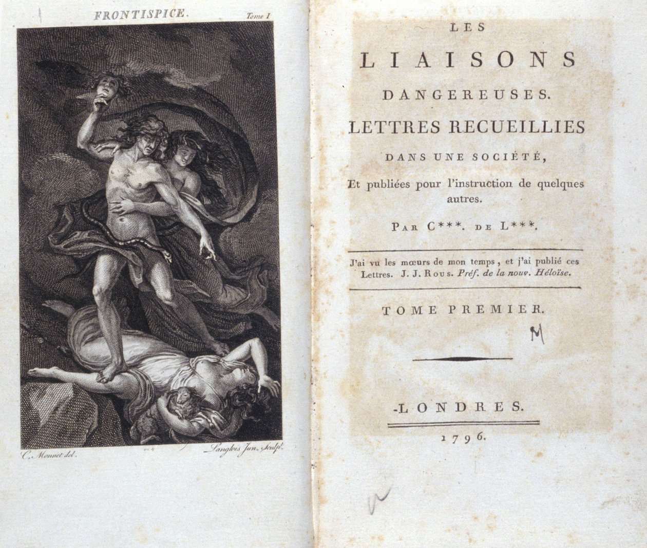 Lontoon Choderlos de Laclosin kirjoittaman kirjan "" Dangerous Liaisons" etupuoli ja nimisivu tekijältä Unknown artist