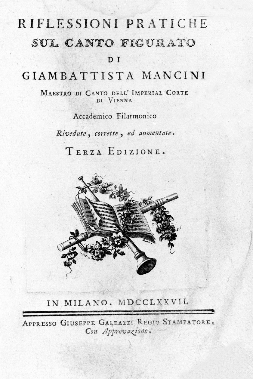 Frontispice de “” Ajatuksia ja käytännön pohdintoja figuratiivisesta laulamisesta ””” italialaisen lauluteoreetikko ja kastraatti Giovanni Battista Mancini (1716 - 1800). 1777. tekijältä Unknown artist