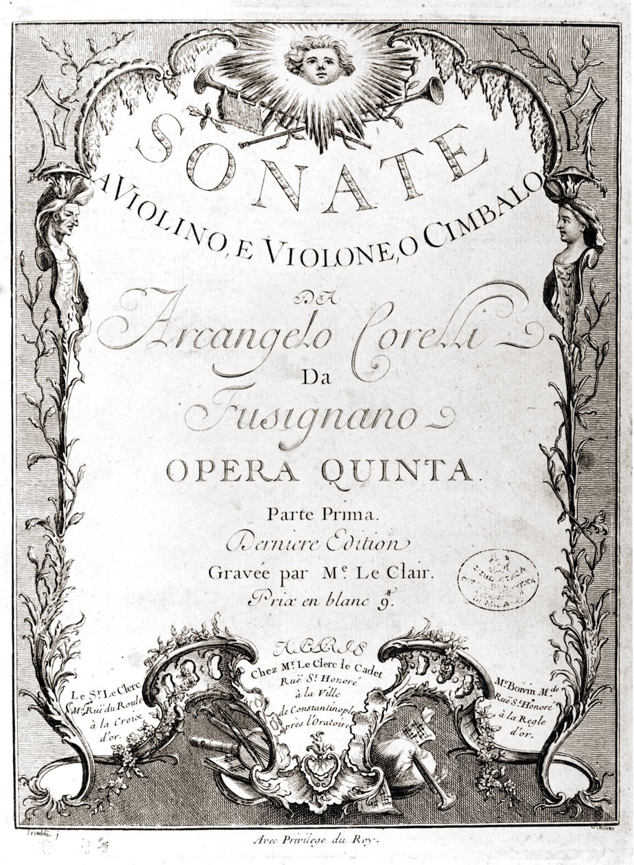 Arcangelo Corellin (1653 - 1713) 12 sonaatin etukuva viululle, bassolle ja cembalolle. Ranskalainen versio. tekijältä Unknown artist