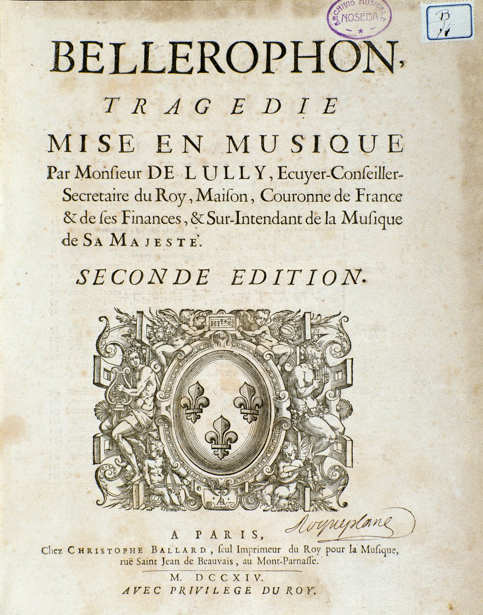"" Bellerophon "" Lyriquen viiden näytöksen tragedian etukappale Jean Baptiste Lullyn (Giovanni Battista Lulli) (Jean-Baptiste) (1632-1687) prologin kanssa. 1714. tekijältä Unknown artist