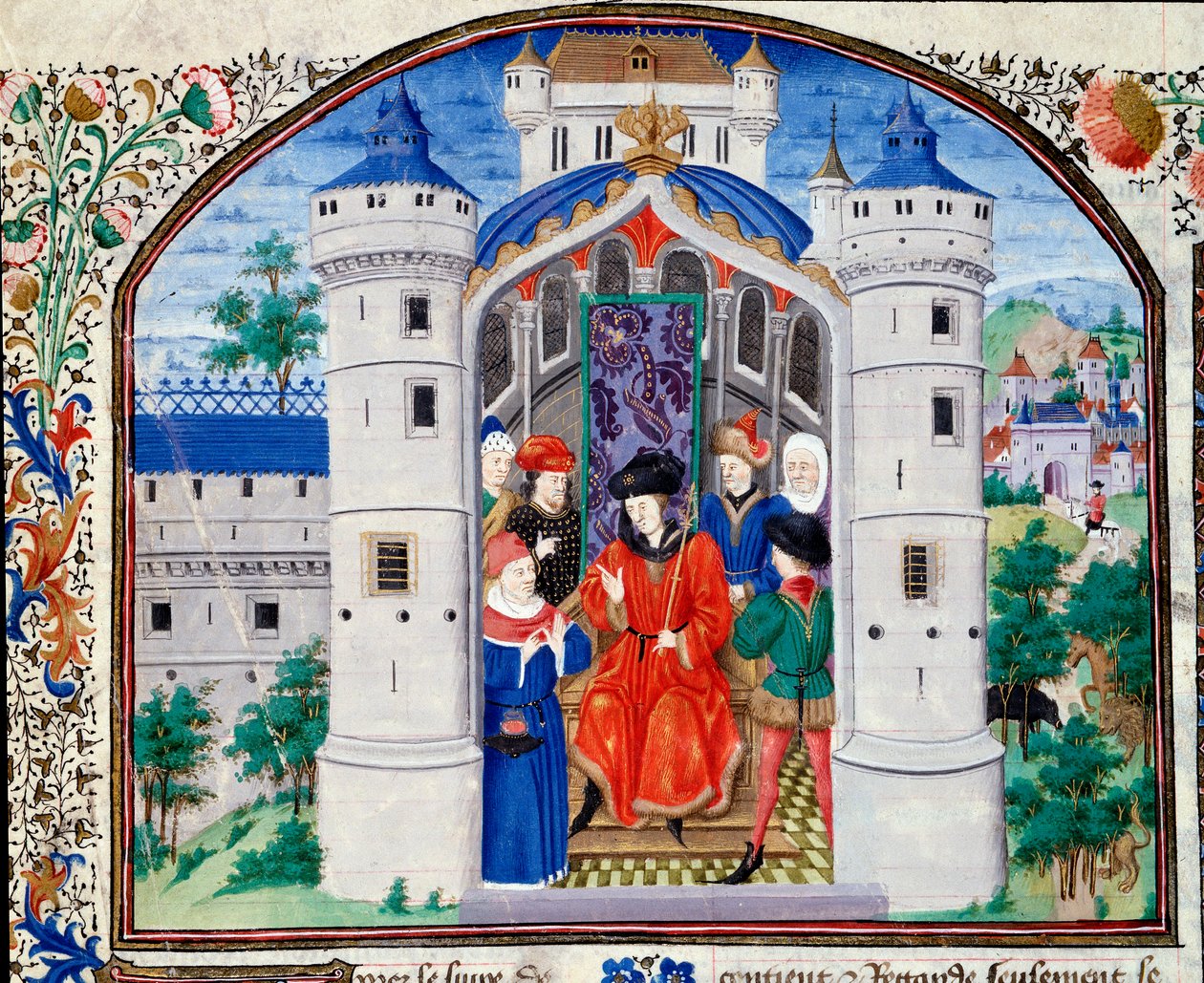 Frontispice of Economics edustaa kirjailijaa esittelemässä teoksensa kuninkaalle. Miniatyyri käsikirjoituksesta (Ms 927 Fol.426) "" Kommentti poliittisesta ja taloudellisesta etiikasta"" kreikkalaisen filosofin Aristoteleen (383-322 eKr.) kääntäjä Nicolas  tekijältä Unknown artist