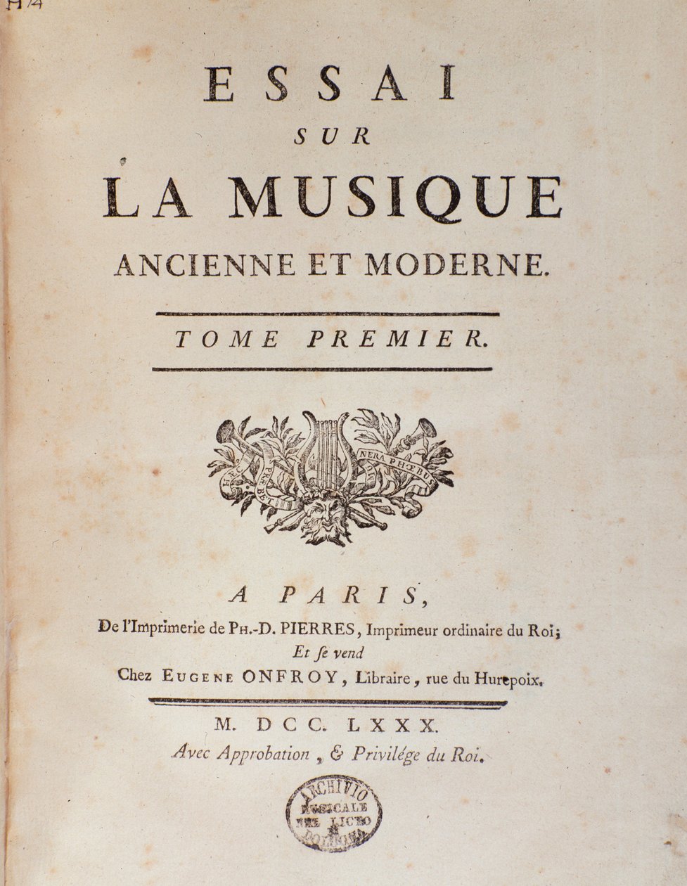 Jean Benjamin de Laborden (Jean-Benjamin de La Borde) (1734-1794) ""Essee muinaisesta ja modernista musiikista" -elokuva 1780 Bologna, civico museo musicale tekijältä Unknown artist