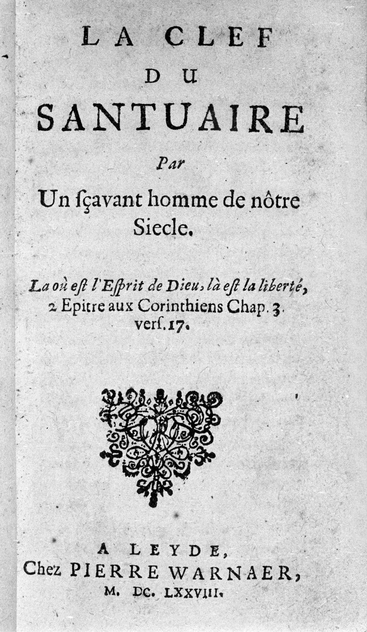 Baruch Spinozan (1632-1677), hollantilaisen filosofin, joka tunnetaan myös nimellä Bento de Espinosa tai Benedictus de Spinoza tai Benoit de Spinoza, "Avain pyhäkköön" -kuva. 1678 tekijältä Unknown artist
