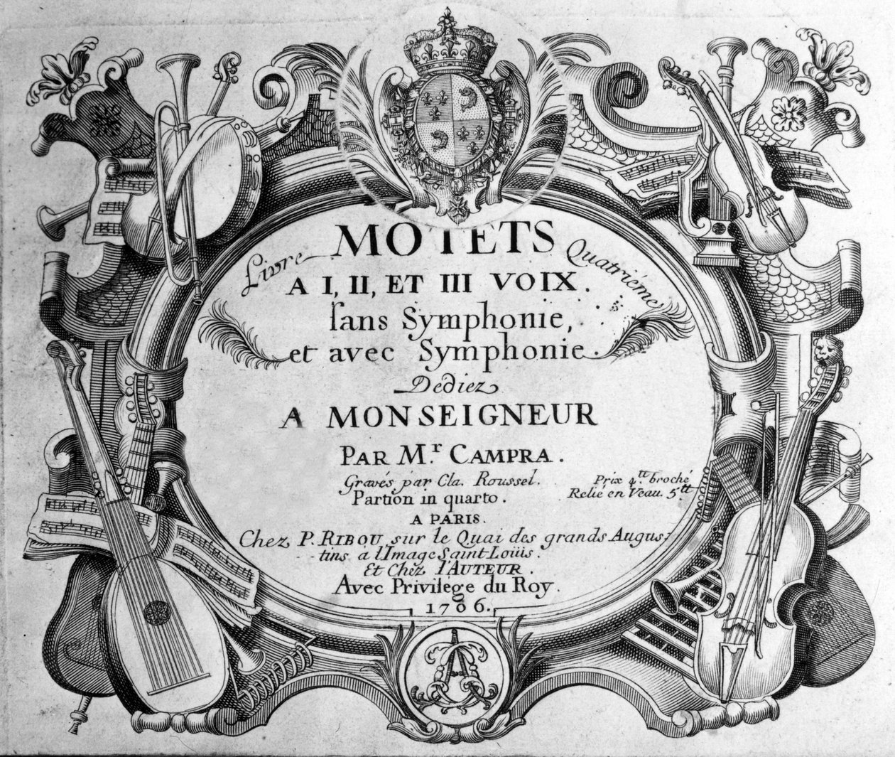 Etukuva Andre Campran neljännen motettikirjan partituurista. 1706 tekijältä Unknown artist