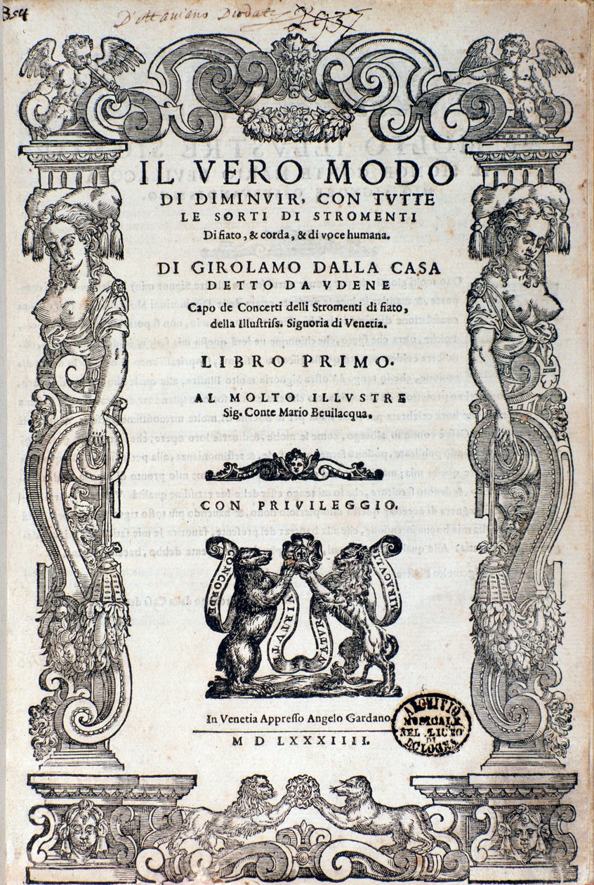 Etukappale Girolamo Dalla Casan "" Il vero modo di diminuir " -työn ornamentista tekijältä Unknown artist