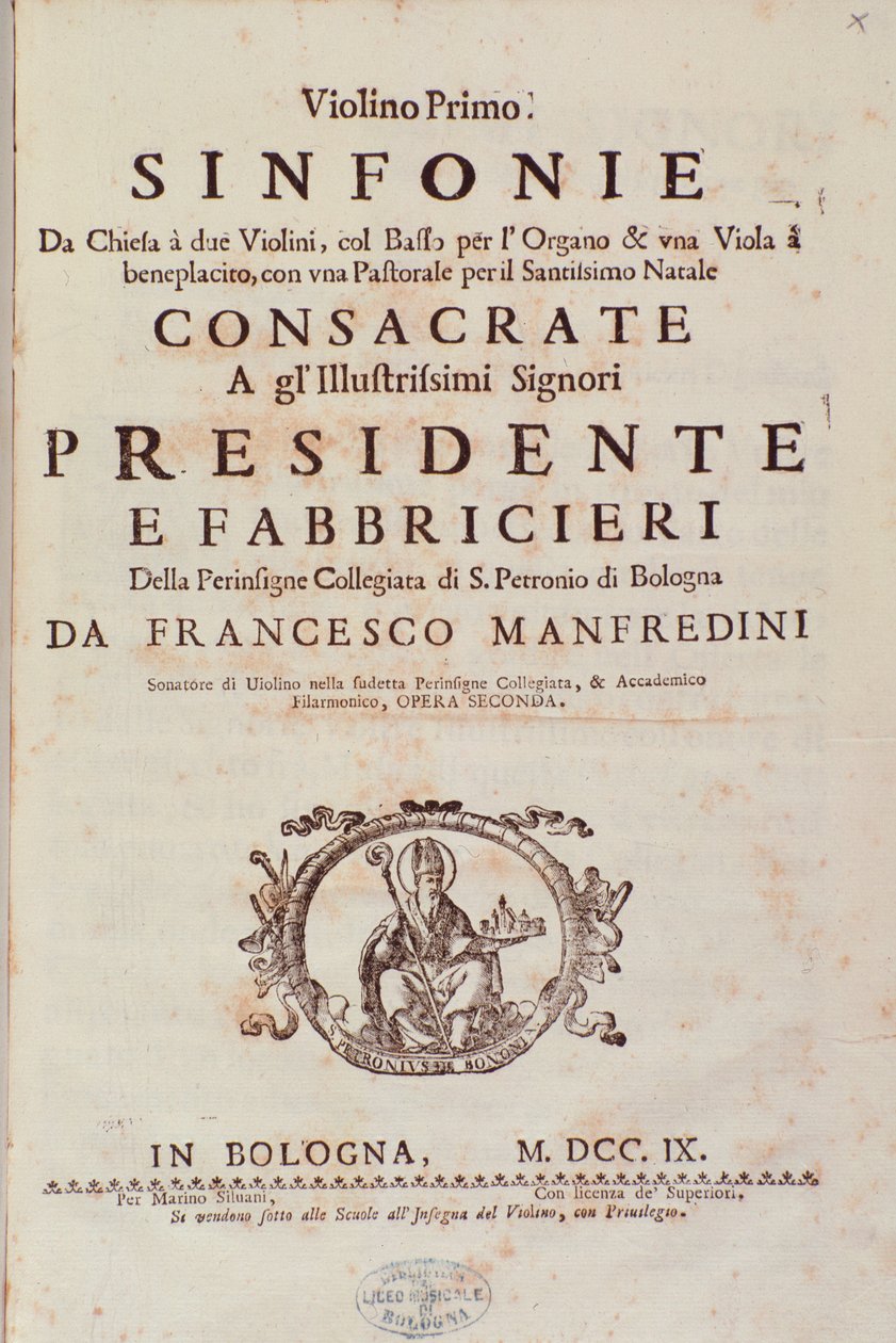 Francesco Manfredinin sävellys Sinfonia da chiesasta ja kahdesta viulusta tekijältä Unknown artist
