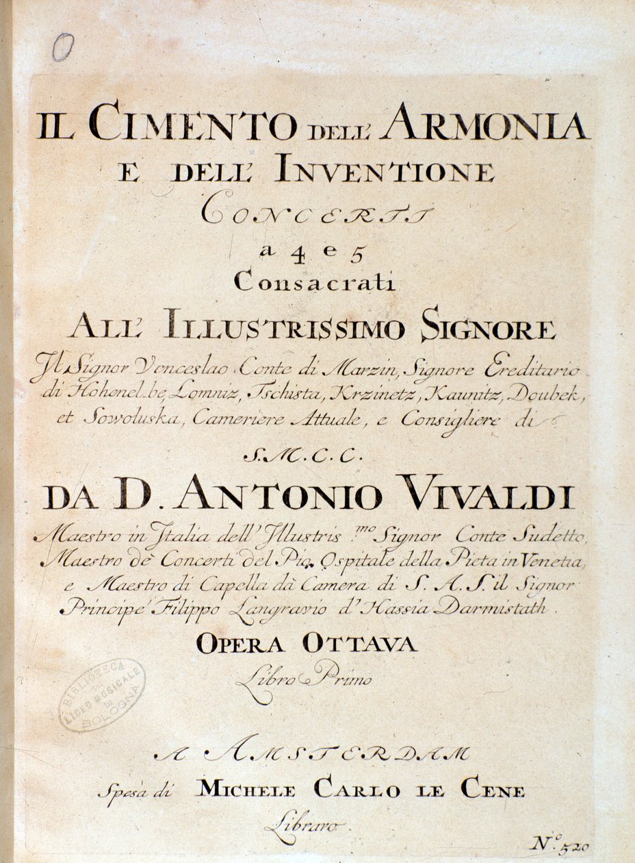Viulun partituurin etukappale konsertissa V vuonna Harmonian ja keksinnön koe italialaisen säveltäjän Antonio Vivaldin tekijältä Unknown artist