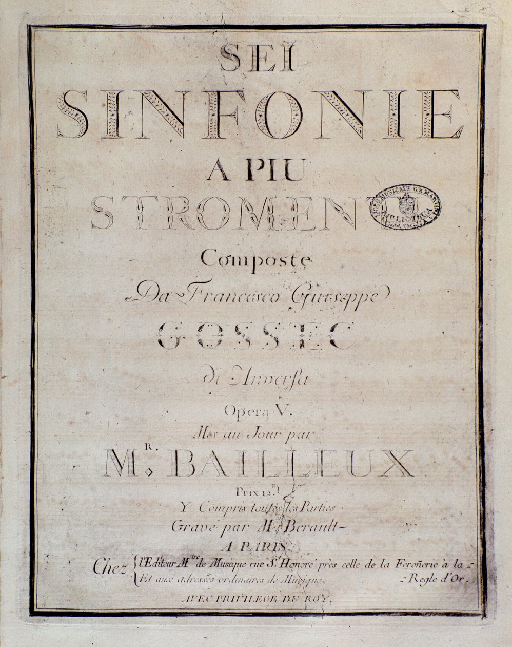 Sei sinfonie a piu strumenti op. partituurin etukappale. 5 (ensimmäinen sinfonia), kirjoittanut Francois Joseph Gossec tekijältä Unknown artist