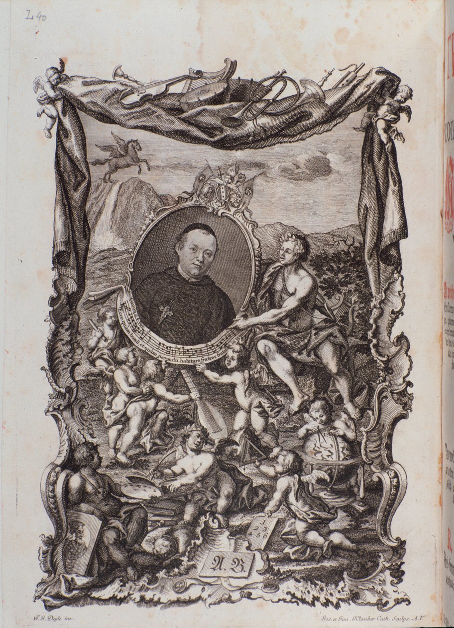 Etukappale, jossa muotokuva Meinrad Spiessin Tractatus musicus -teoksesta tekijältä Unknown artist