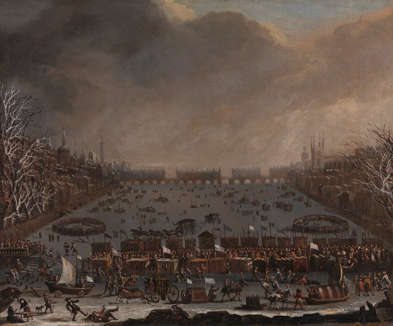 Frost Fair Thamesissa, Old London Bridge -silta kaukana tekijältä Unknown artist