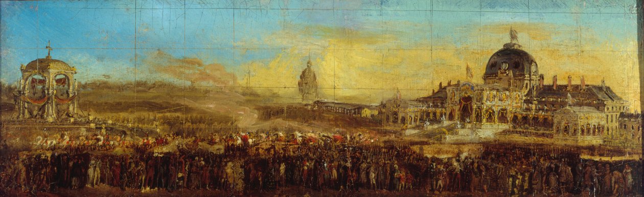 Juhlat 10. toukokuuta 1852 Champ-de-Marsilla; prinssi-presidentin lähtö lippujen siunaamisen jälkeen. Nykyinen 7. kaupunginosa, Pariisi, vuosina 1847-1857 (öljy kankaalle). tekijältä Unknown artist