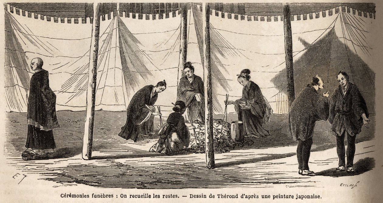 Hautajaiset: polton jälkeen jäännösten kerääminen. Kaiverrus havainnollistamaan matkaa Japaniin vuosina 1863-1864, Sveitsin valaliiton ministeri Aime Humbert "Le tour du monde, nouveau journal des voyages" -julkaisussa, joka julkaistiin johdolla. tekijältä Unknown artist