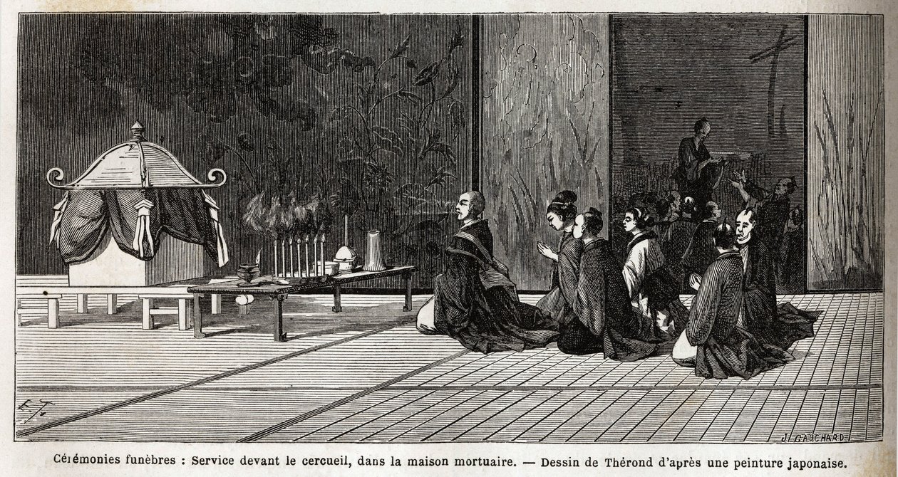 Hautajaiset: jumalanpalvelus arkun edessä, ruumishuoneessa. Kaiverrus havainnollistaa matkaa Japaniin vuosina 1863-1864, Sveitsin valaliiton ministeri Aime Humbert, "Le tour du monde, nouveau journal des voyages", julkaise tekijältä Unknown artist
