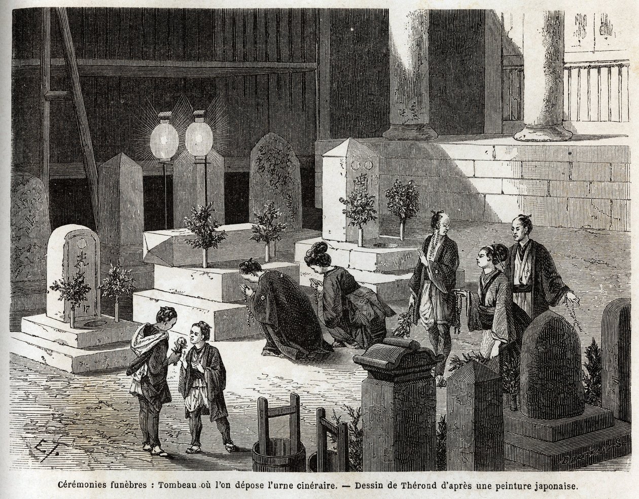 Hautajaiset: hauta, johon uurna sijoitetaan. Kaiverrus havainnollistamaan matkaa Japaniin vuosina 1863-1864, Sveitsin valaliiton ministeri Aime Humbert "Le tour du monde, nouveau journal des voyages" -julkaisussa, joka julkaistiin tekijältä Unknown artist