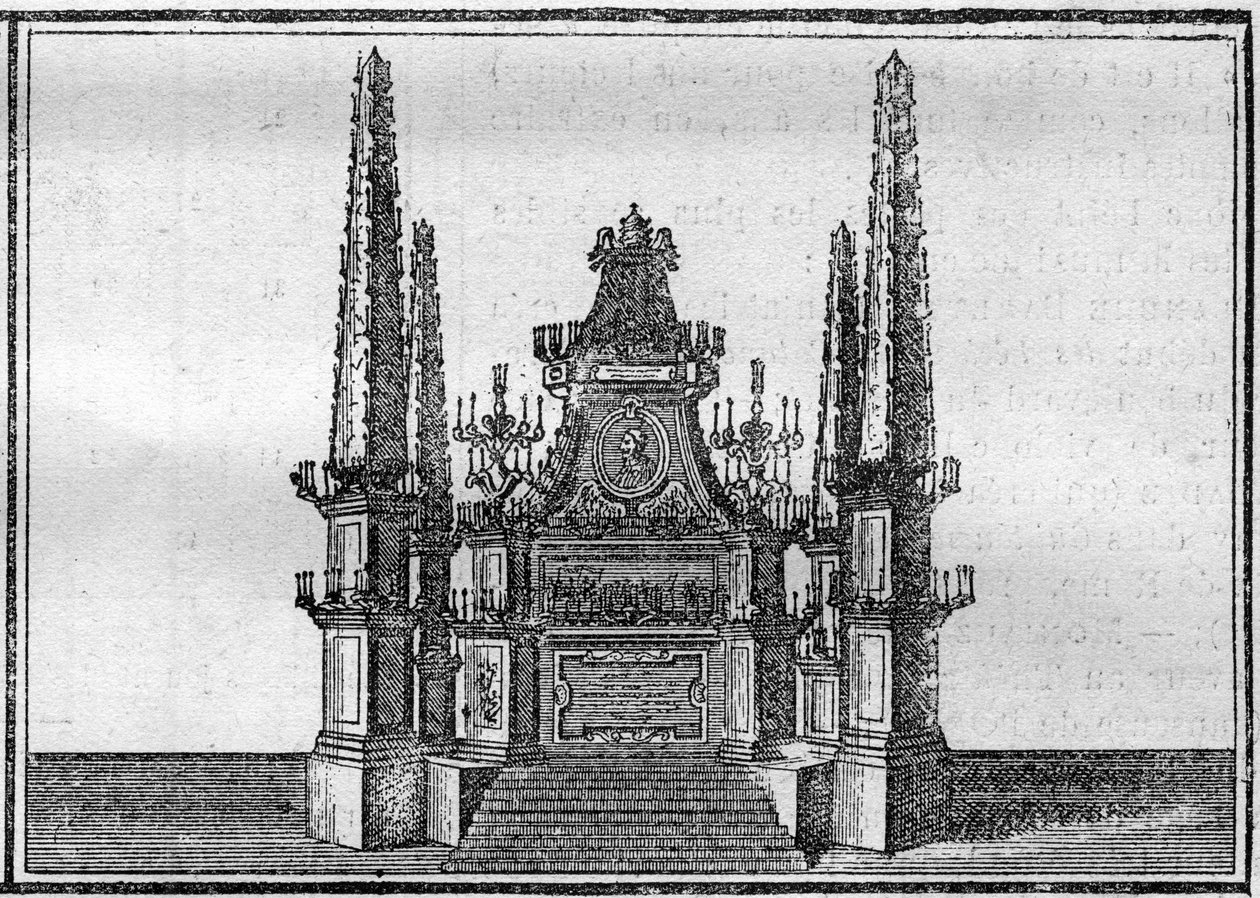 Paavin hautajaiset 1700-luvulla: edesmenneen paavin katafalkki. Kaiverrus kirjaan "Histoire des religijs"". tekijältä Unknown artist