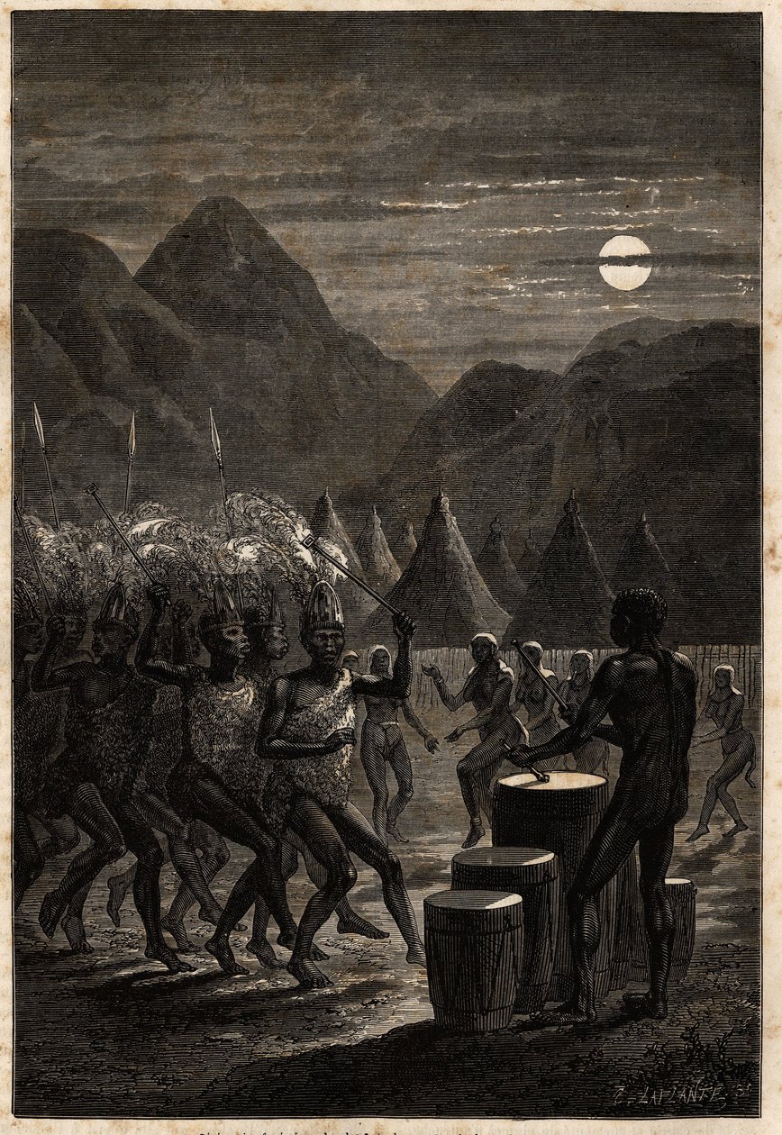 Hautausseremonia Lakutien (Ylä-Niilin alueella sijaitseva heimo) keskuudessa, rummut ja rituaalitanssit kuunvalossa. Engravure pour illustration le voyage au lac Albert, en 1861-1864, kirjoittaja Sir Samuel White Baker, teoksessa Le tour du monde, nouveau  tekijältä Unknown artist