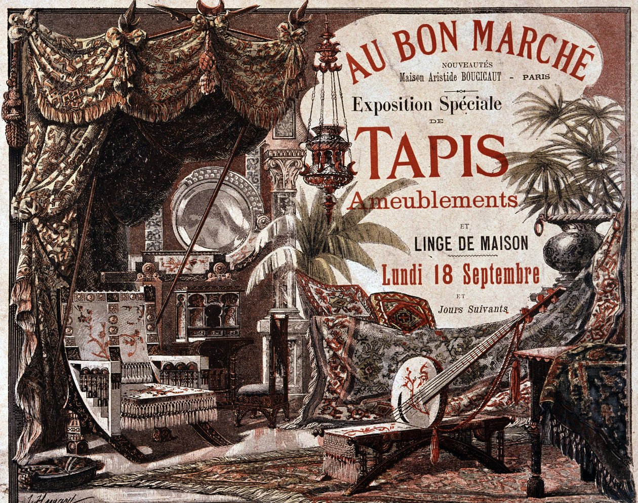 Huonekalut ja huonekalumatot - myymälän "" Le bon marche" mainos, 1800-luvun loppu. tekijältä Unknown artist