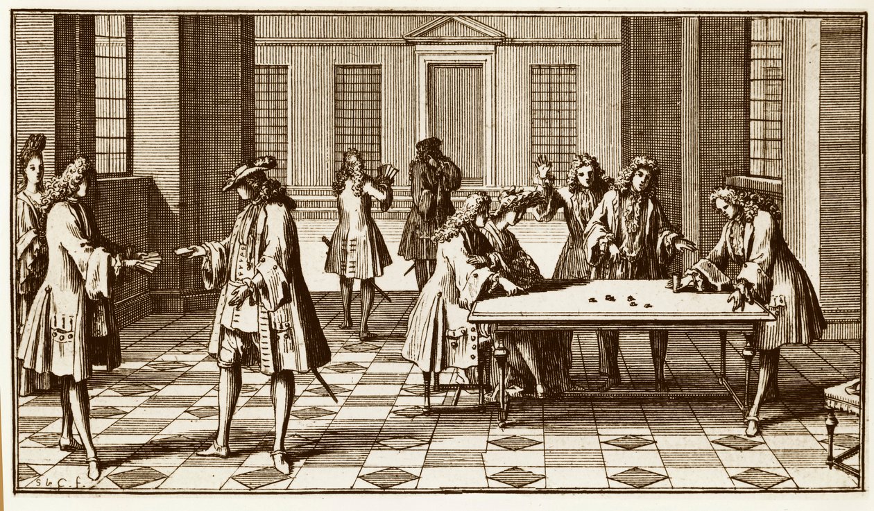 Pelihuone 1700-luvulla - Sebastien Le Clercin kaiverrus Pierre Remond de Montmortin kirjassa "Essay d