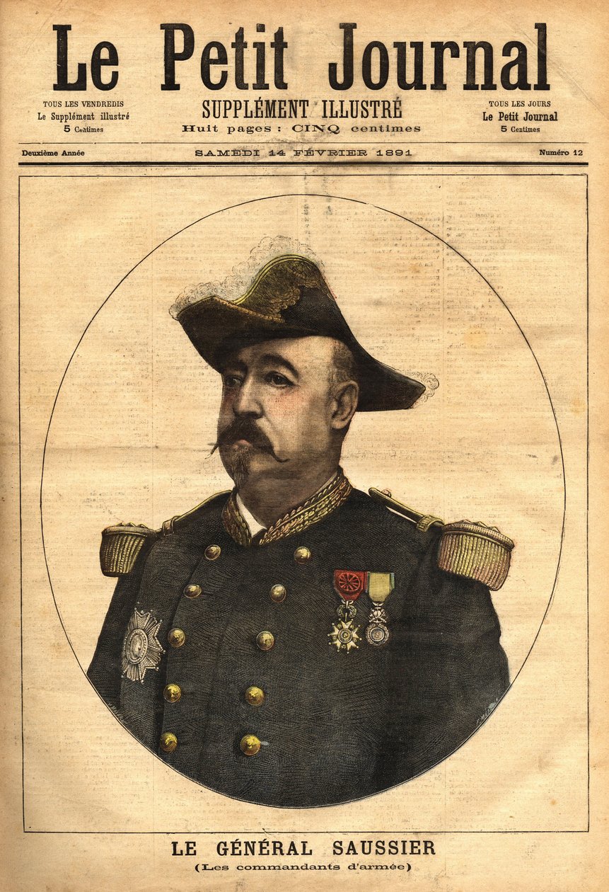 Kenraali Felix Gustave (Felix-Gustave) Saussier (1828-1905), tuli armeijan komentajaksi ja ylimmän sotaneuvoston jäseneksi vuosina 1882-1902. Kaiverrus ”” Le petit journal illustrious”” 14.2.1891. Selvan kokoelma. tekijältä Unknown artist