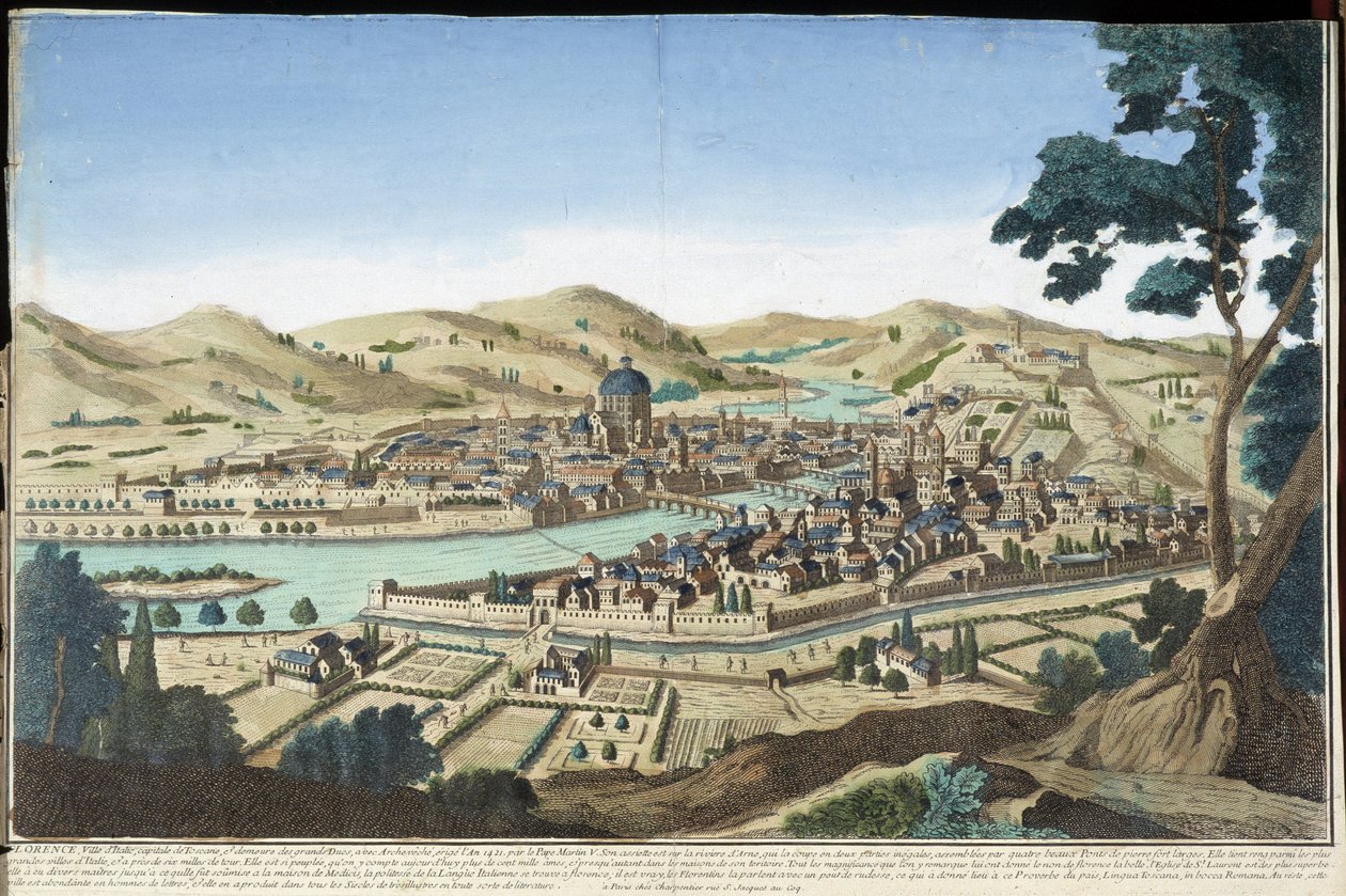 Yleinen näkymä Firenzestä - kaiverrus tekijältä Unknown artist