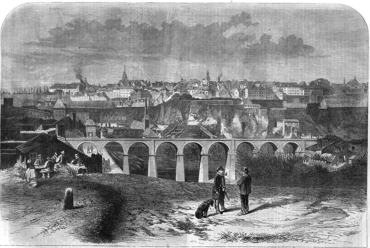 Yleiskuva Luxemburgin kaupungista. Kaiverrus kirjaan "The Illustrous Universe" tekijältä Unknown artist