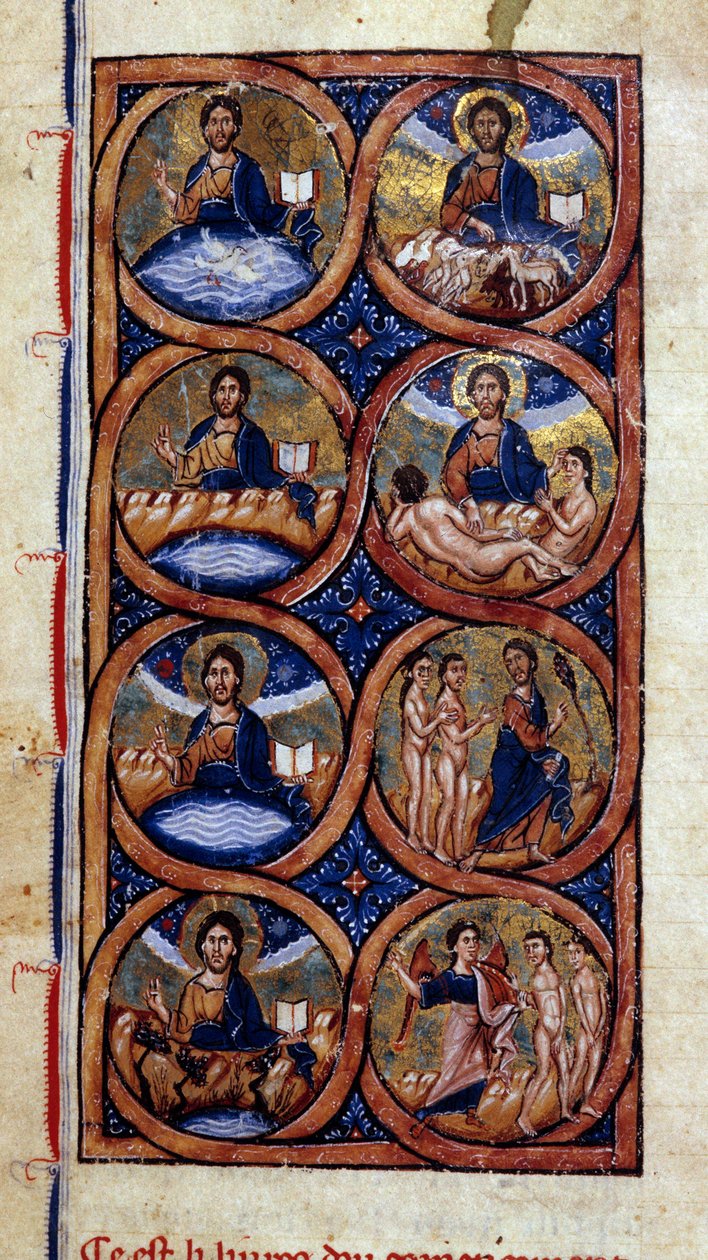 Genesis: esitys maailman luomisen eri vaiheista (kosmogonia). Miniatyyri käsikirjoituksesta ”Universal History”” 1200-luku. Dijonin kaupunginkirjasto tekijältä Unknown artist