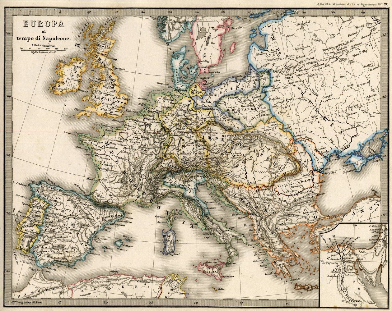 Euroopan maantieteellinen kartta Napoleon I:n aikakaudella. K. von Srunerin teoksessa "Atlante Storico Geografico" tekijältä Unknown artist