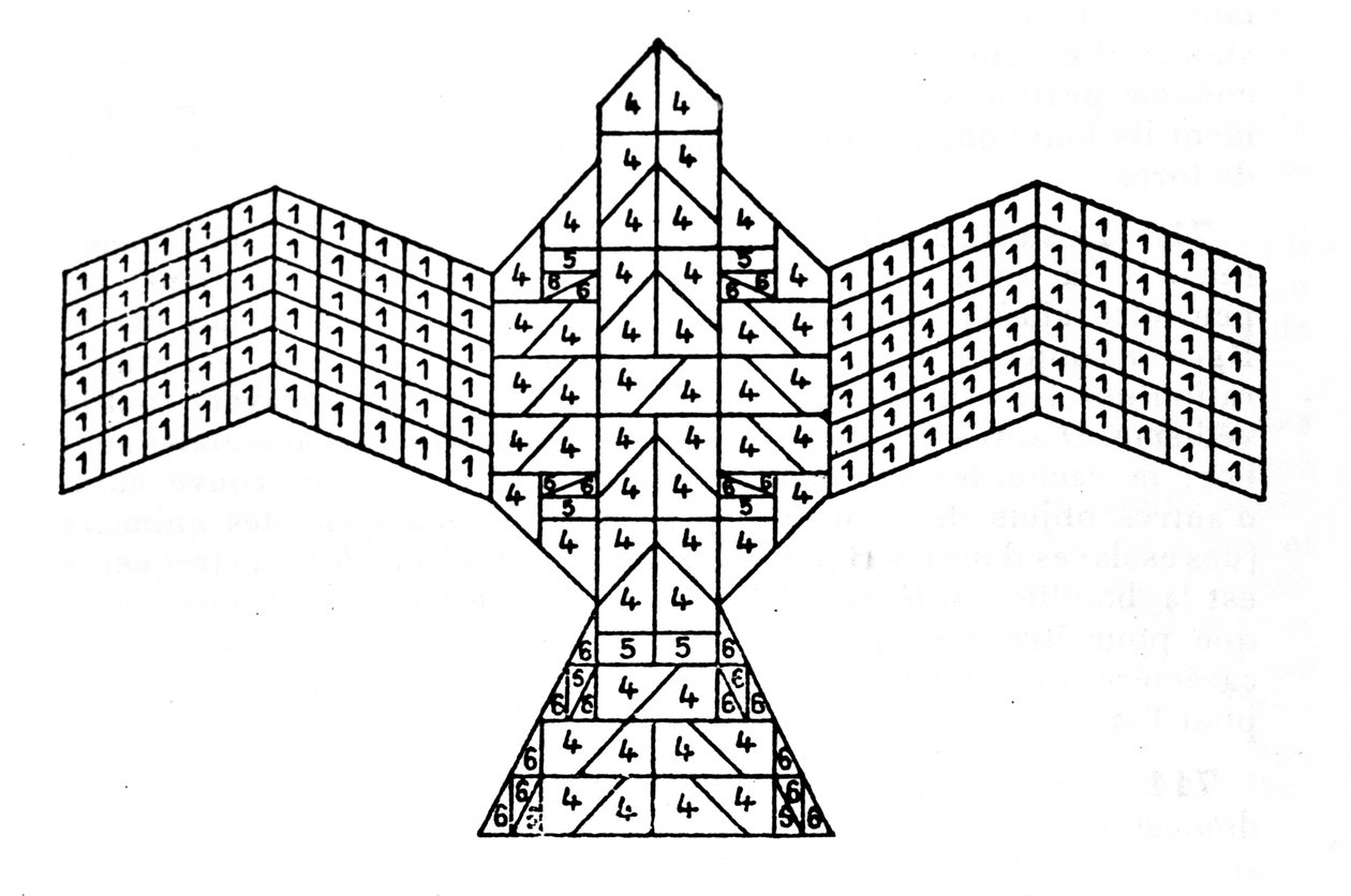 Sulbasutroiden geometria: haukkan muotoinen tulialttarin suunnitelma. Matemaattinen skeema, joka viittaa uhrialttarien rakentamissääntöihin Intian vedaajalta (1500-500 eKr.). Asiatic Society of Bengal -lehti, kirjoittanut tekijältä Unknown artist