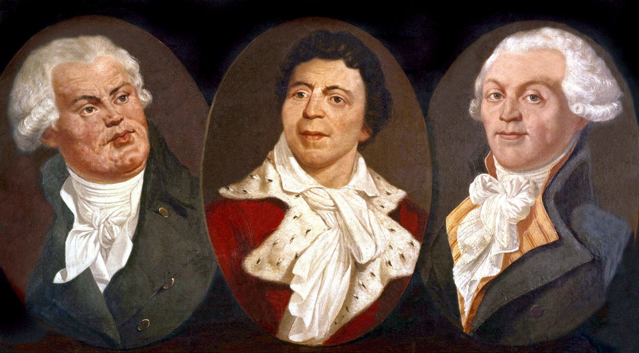 Georges Jacques Danton, Jean Paul Marat ja Maximilien de Robespierre, Ranskan vallankumouksen kolme päähahmoa tekijältä Unknown artist