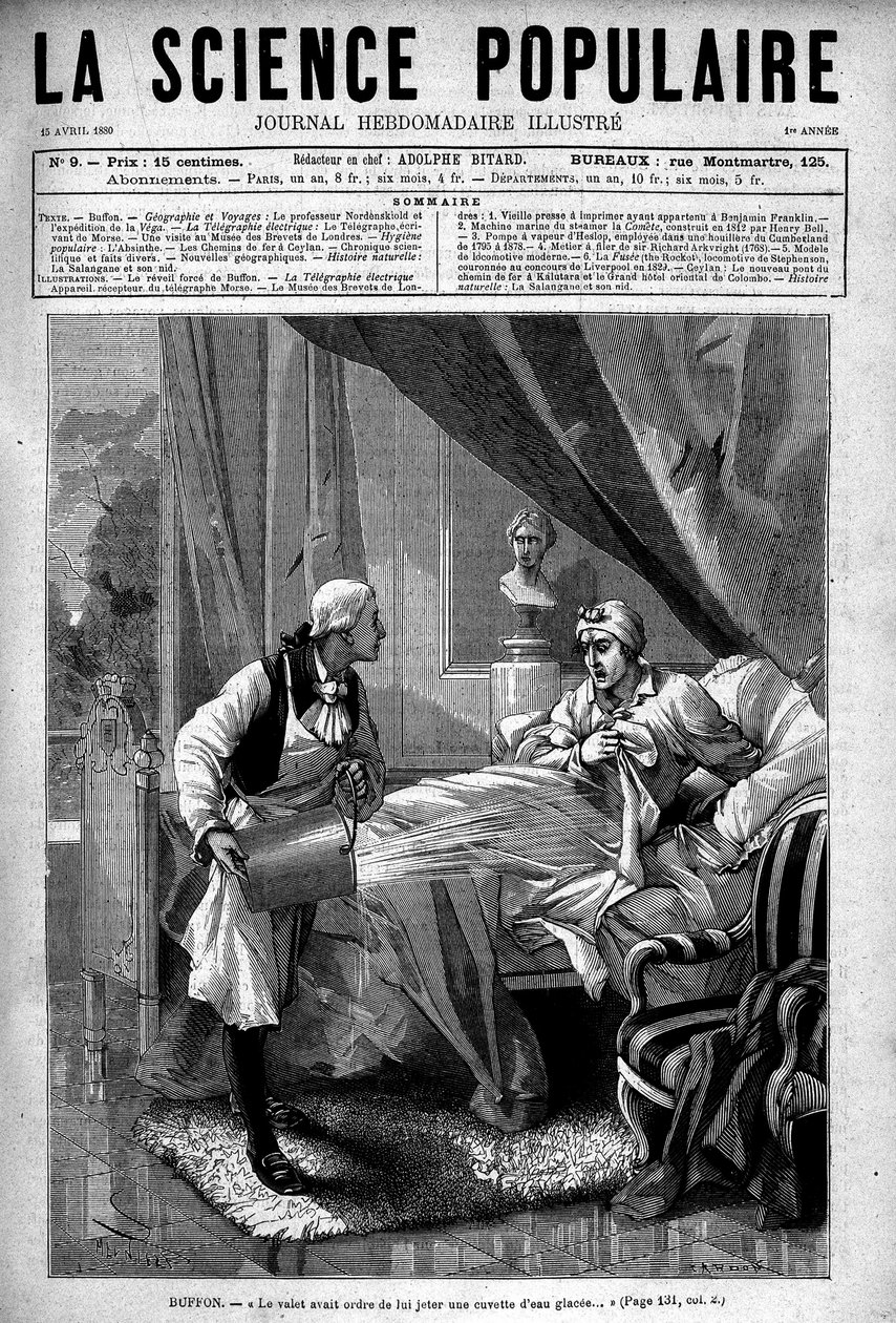Georges Louis Leclerc Buffon sängyssään, laakso heittelemässä häntä ämpäri jäävettä. Julkaisussa "Popular Science", 15. huhtikuuta tekijältä Unknown artist