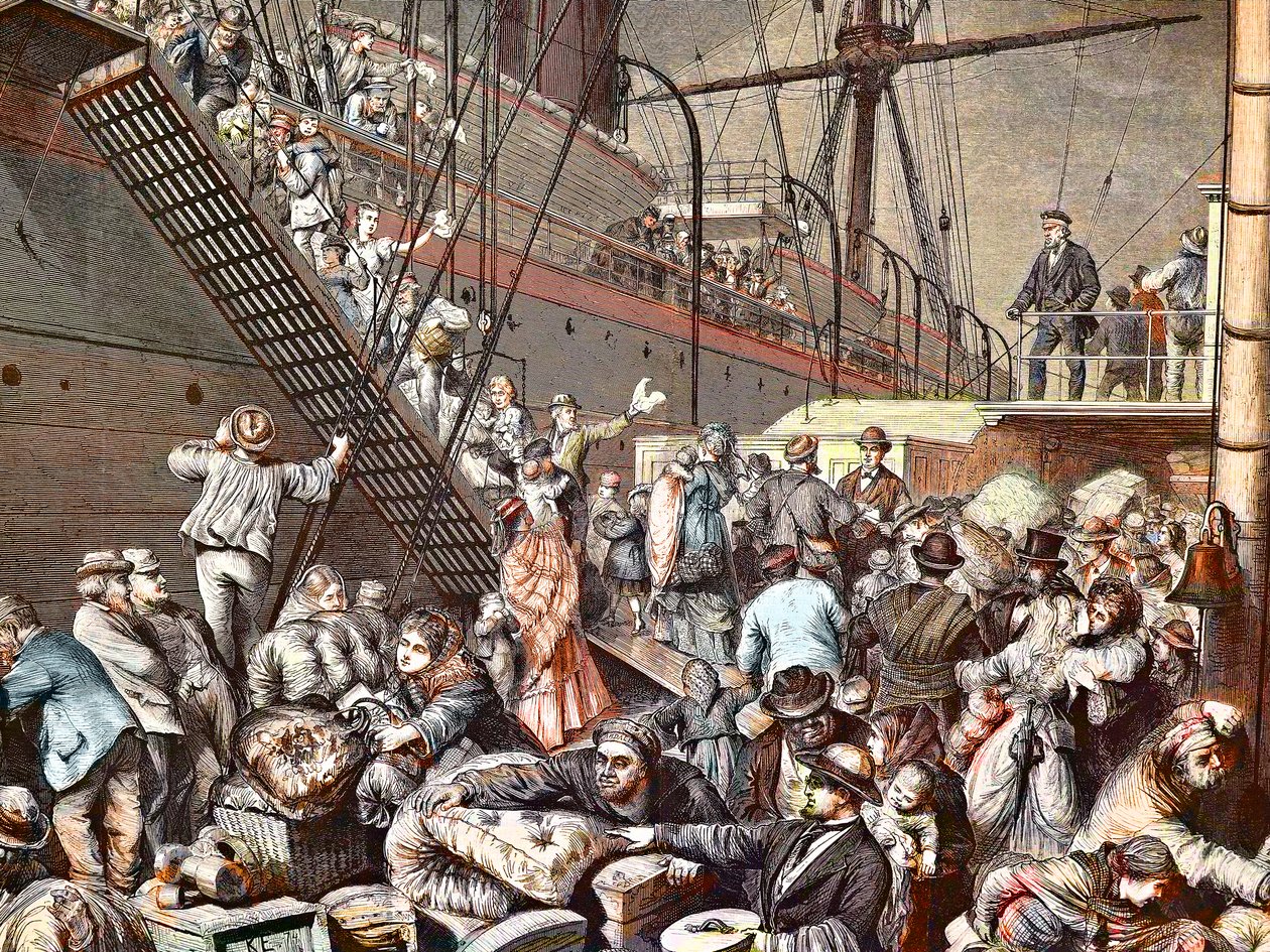 Saksalaiset siirtolaiset New Yorkiin nousemassa Hampurin höyrylaivaan vuonna 1874, kaiverrus - (Deutsche Emigranten) tekijältä Unknown artist