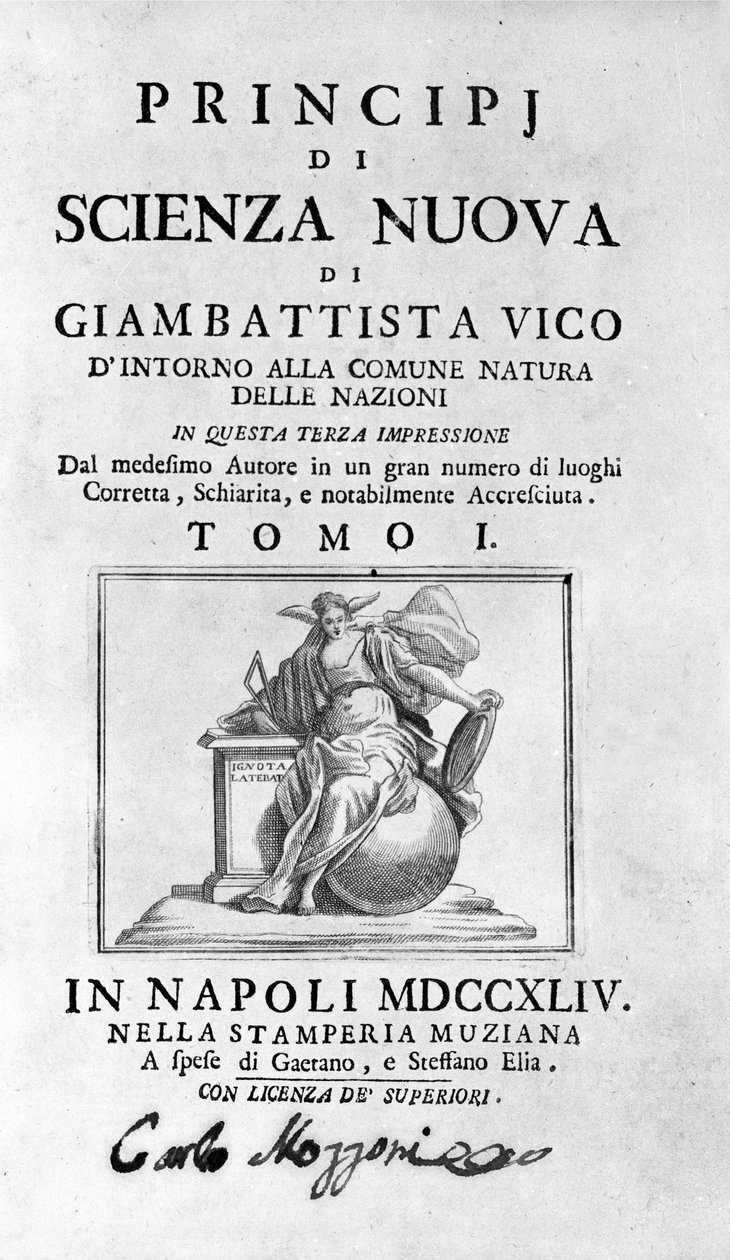 Giambattista Vico. Kutsutaan myös Giovanni, Gian Battista, Jean Baptiste tai Jean-Baptiste. "" Uuden tieteen "" eturintamassa tekijältä Unknown artist