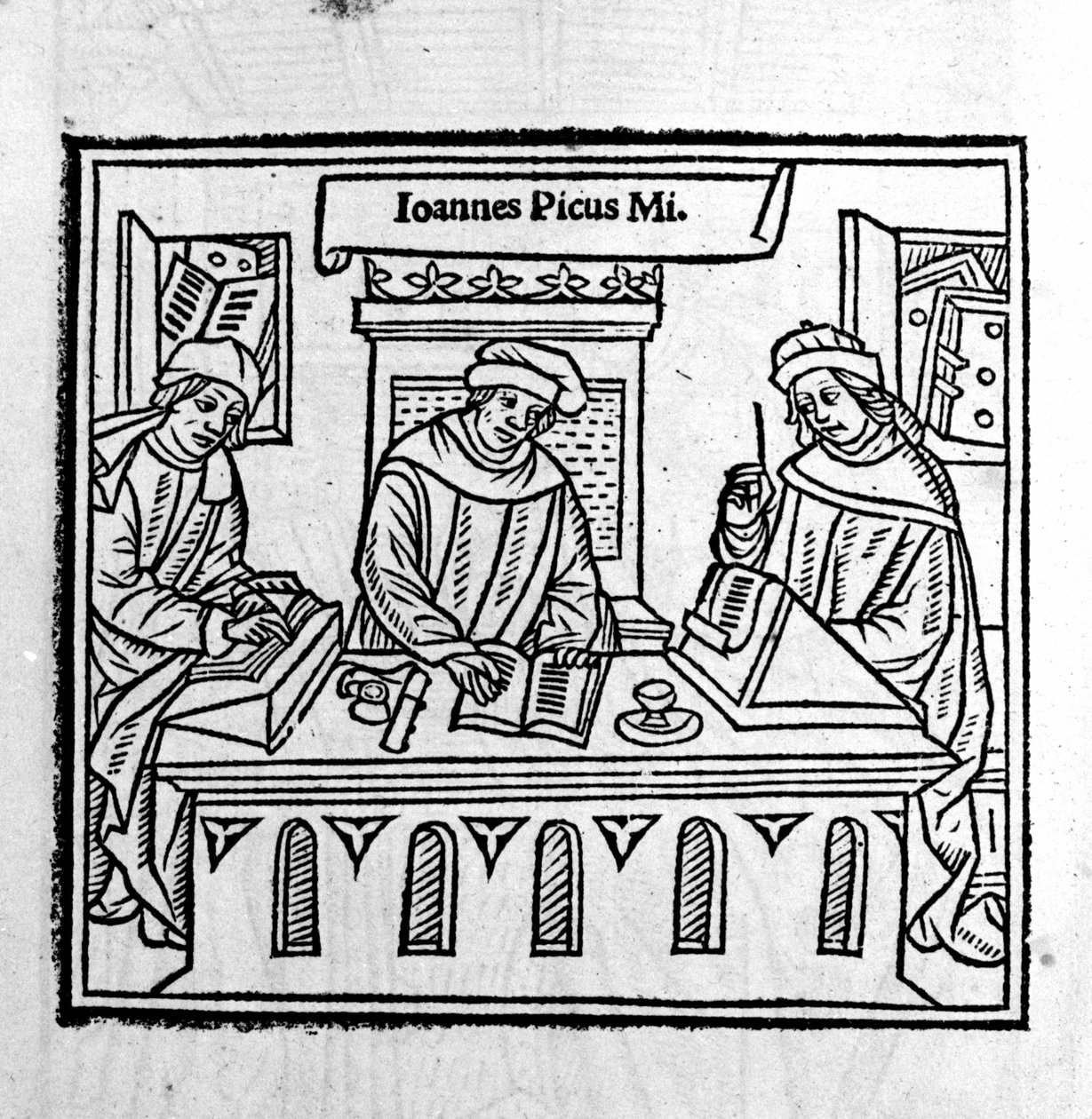 Giovanni Pico della Mirandola (Jean Pic de la Mirandole) kahden opetuslapsensa kanssa - kirjassa "Epistole auree" vuodelta 1555 tekijältä Unknown artist
