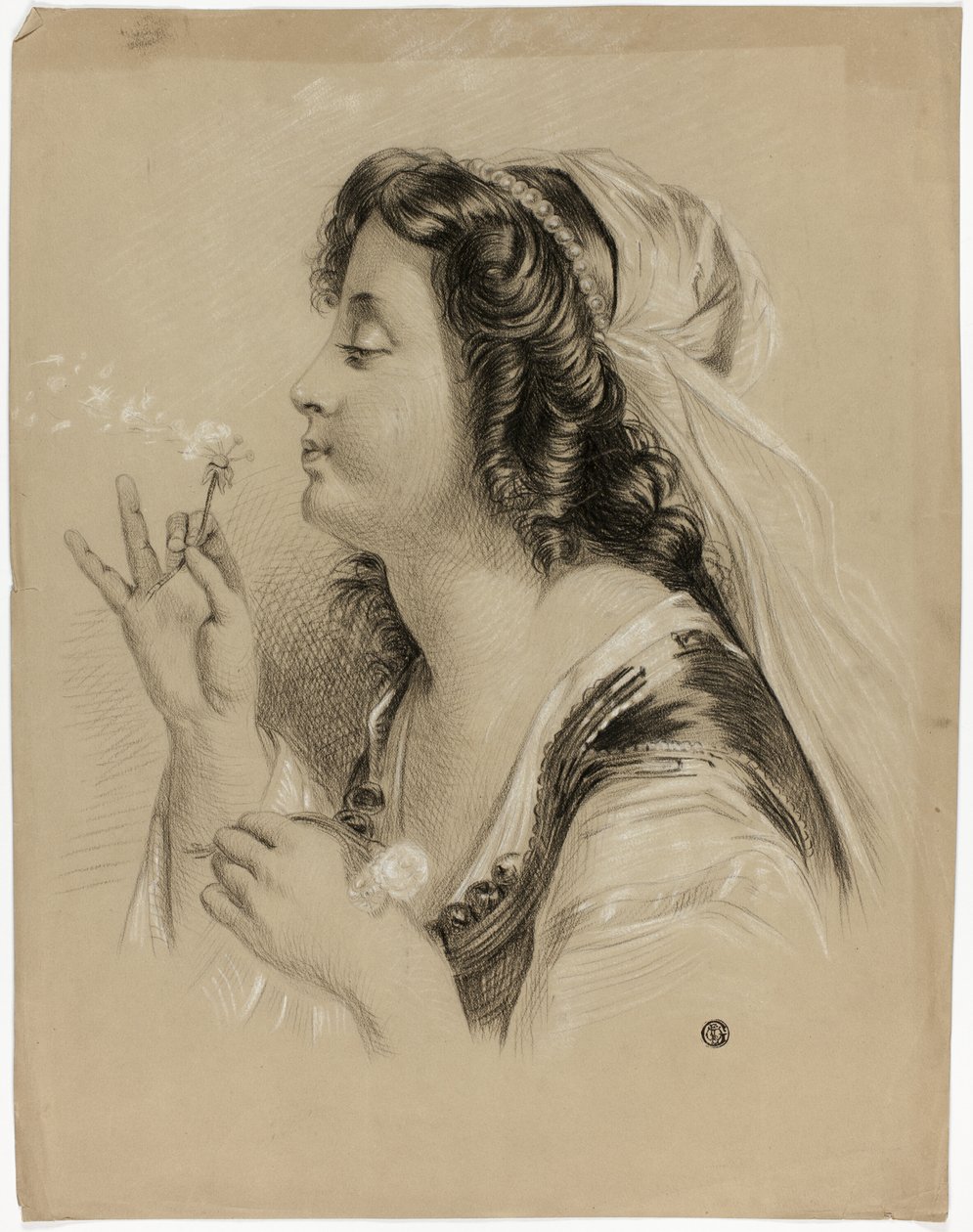 Tyttö puhaltaa voikukkaa (etusivu); tytön profiilipää (kääntöpuoli). tekijältä Unknown artist