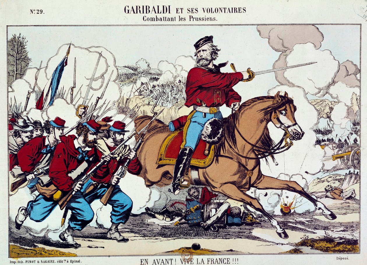 Giuseppe Garibaldi (1807-1882) taistelee vapaaehtoisineen preussialaisia vastaan. "Eteenpäin, eläköön Ranska" Noin 1871. Kaiverrus B.N. Pariisi tekijältä Unknown artist