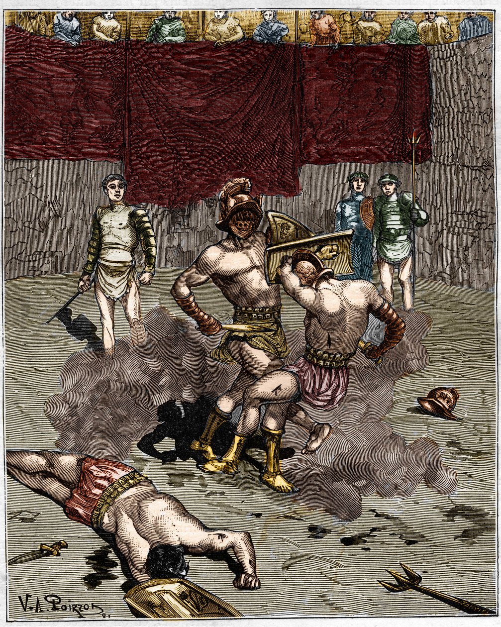 Gladiaattorin taistelu. 1800-luvun kaiverrus. tekijältä Unknown artist