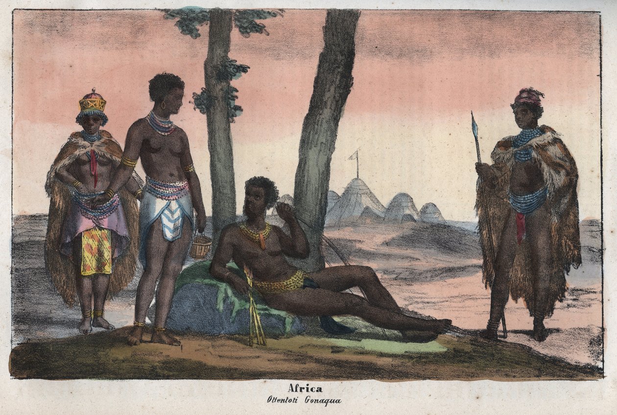 Gonqui Hottentots of the Cape - kaiverrus kirjasta "Kaikkeuden kaikkien kansojen tapoja ja perinteitä". Eli kaikkien kansojen hallituksen, lakien, miliisin, uskonnon historia kaukaisimmista ajoista nykypäivään "1856 tekijältä Unknown artist
